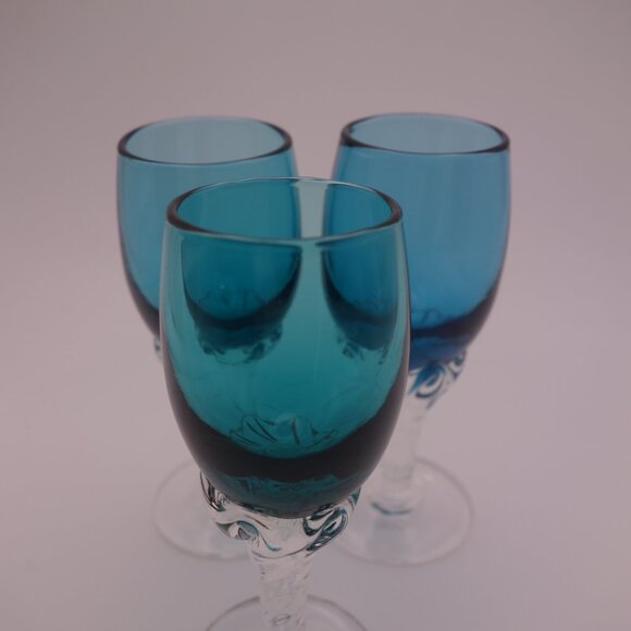 Set of Three(3) Blue Glass Very Small Glasses - Picture 3 of 13